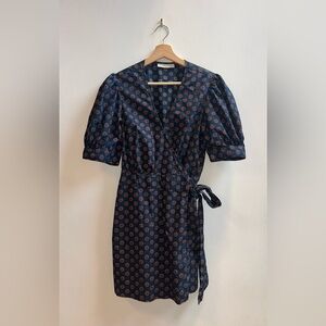 Happy X Nature by Kate Hudson Brown Polka Dot Navy Puff Sleeve Wrap Around Dress